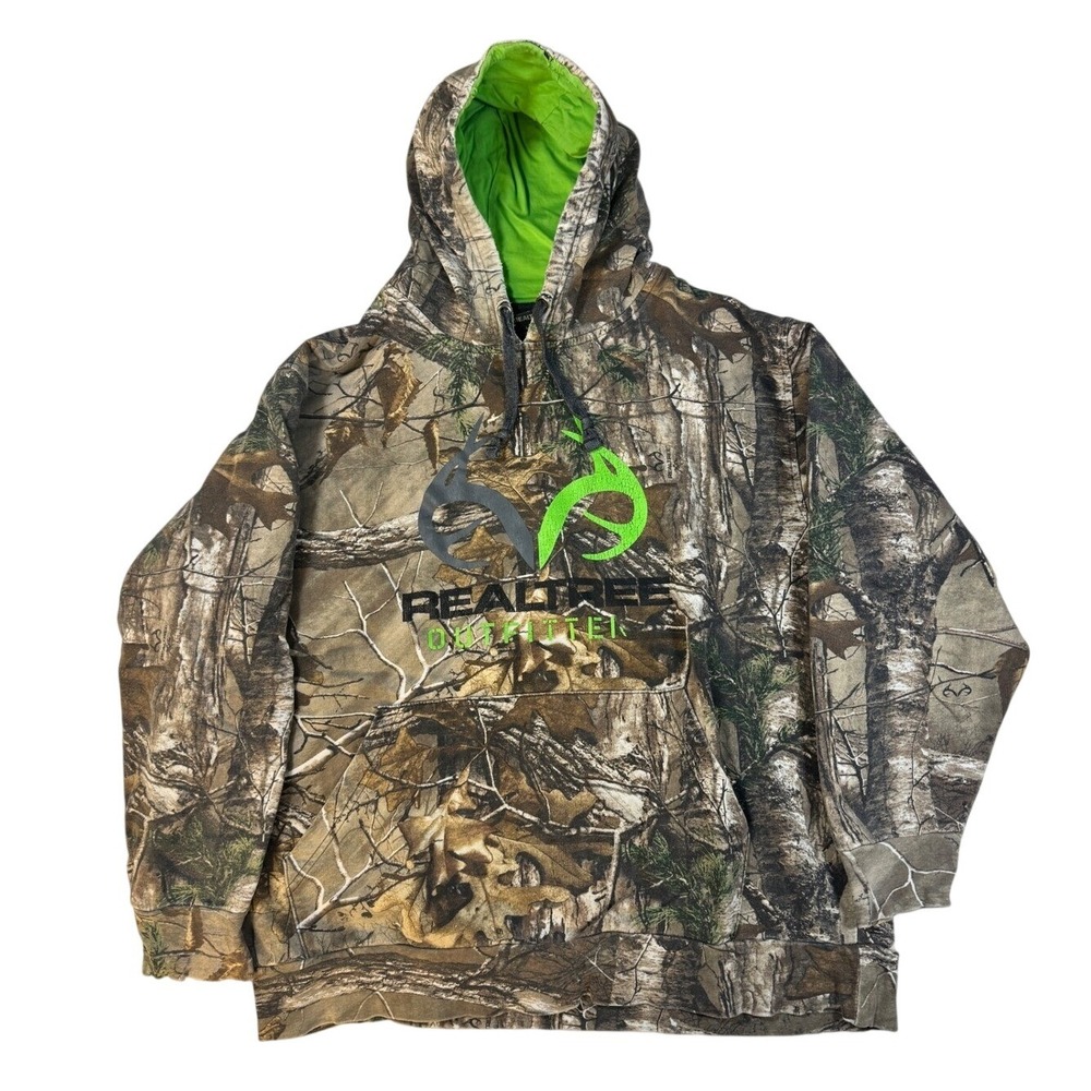 Realtree Outfitters Mens Camo Hoodie Large Neon Logo Camouflage Sweatshirt FLAWS